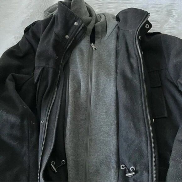 Calvin Klein Men’s Zip/snap Black Pea Coat with Hood size L - Picture 2 of 9